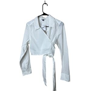 American Eagle White Wrap Cropped Shirt Long Sleeve Collared Top Womens L